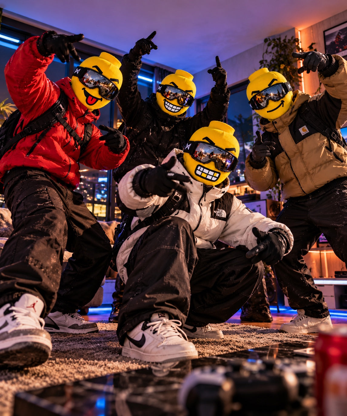 Friends wearing the masks together indoors