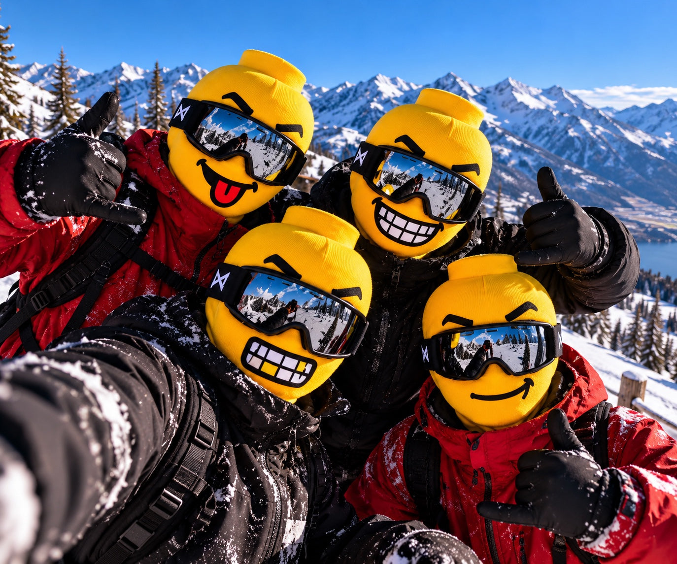 Friends wearing the masks in the mountains